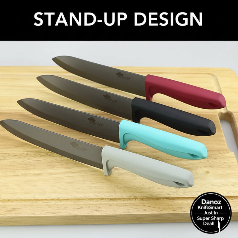 Four kitchen knives with dark gray blades and colorful handles in red, black, turquoise, and light gray, arranged diagonally on a wooden cutting board. A black banner at the top reads 'STAND-UP DESIGN' in white text.