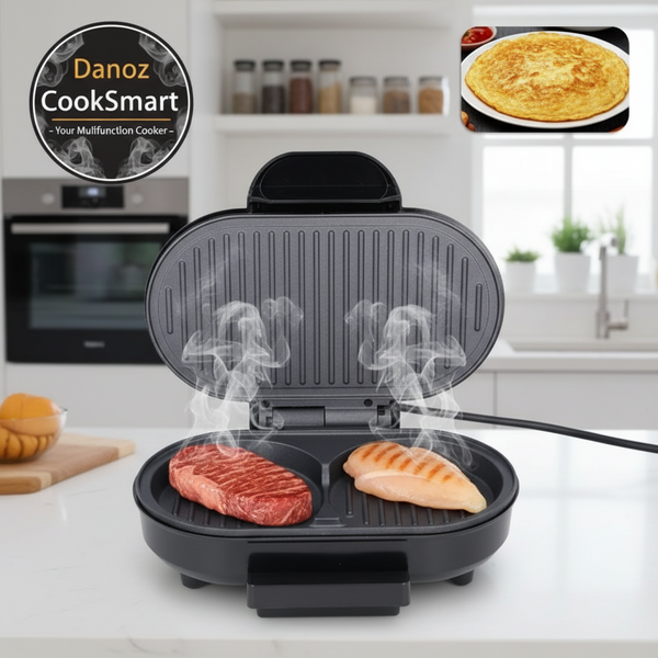 Multifunction cooker with food being cooked inside, brand 'Danoz CookSmart' visible