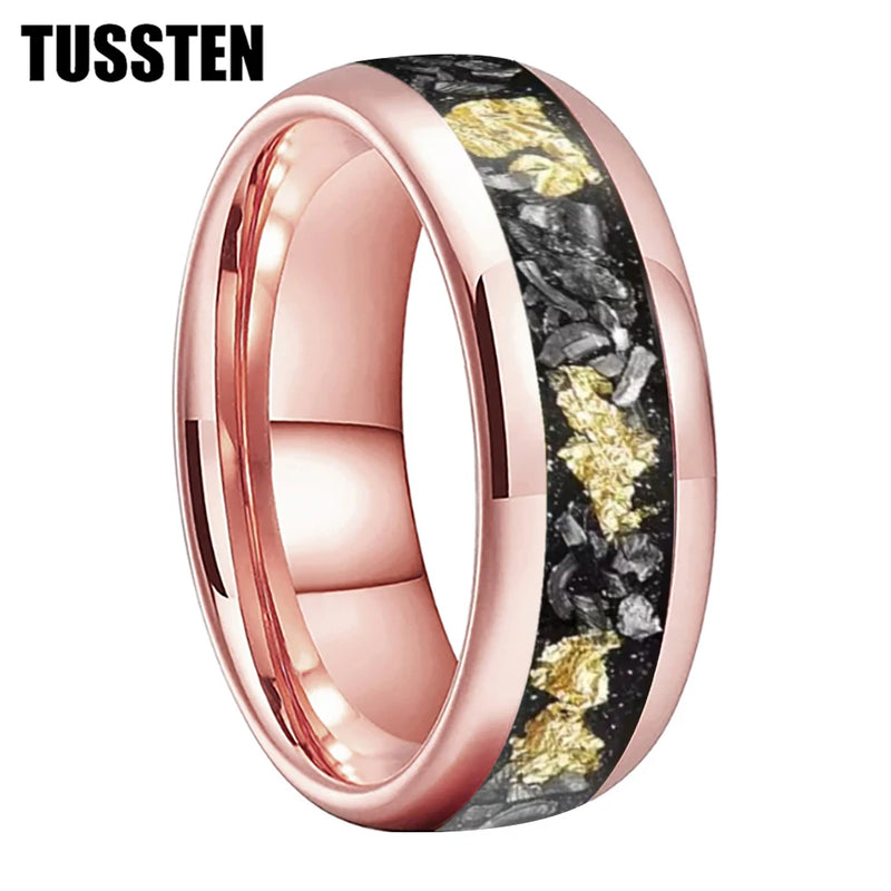Danoz SmartRings - TUSSTEN 4/6/8MM Dome Edges Men and Women Fashion Engagement Wedding Band Meteorite Gold Foil Inlay Tungsten Carbide Rings