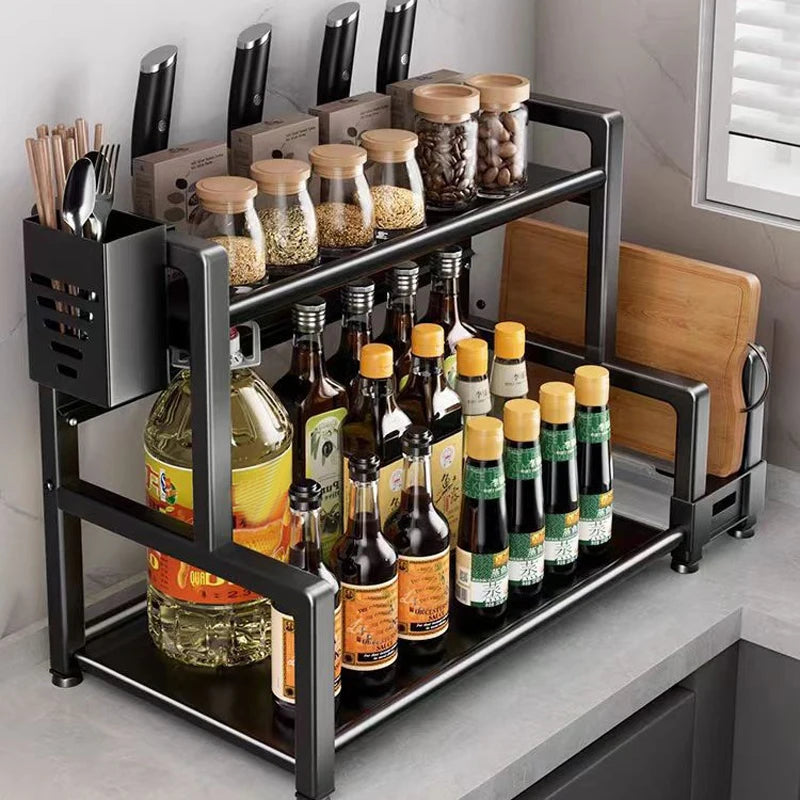 Danoz StoreSmart - 2-3 Tier Adjustable Metal Spice Rack Storage Box, Freestanding Multifunctional Kitchen Storage Rack, with Spice Protection and Fixing Device, Kitchen Organizer and Storage, Sturdy Rack/Hook Structure, Knife