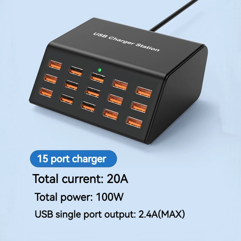 Danoz PowerSmart - 100W Desktop Universal USB Charger 15 Ports USB Fast Charging Station For Ipad Iphone 15 14 13 12 Pro Max Samsung S24 Tablet