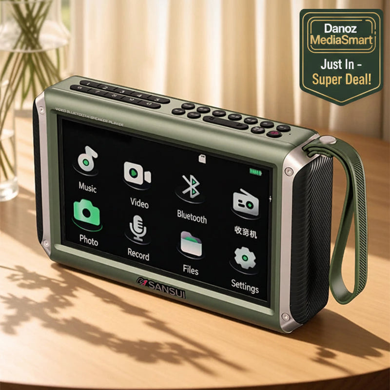Green portable multimedia player with display on a wooden surface
