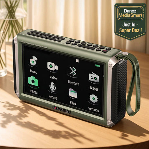 Green portable multimedia player with display on a wooden surface
