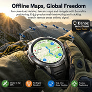 A rugged black and silver Rugged GPS watch shown on a gloved hand against a mountain sunset background, with marketing text and feature icons for offline maps, global freedom, GPS, no signal, real-time route tracking, and precise positioning.