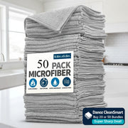 Stack of gray microfiber cloths with a 50-pack label on a white background
