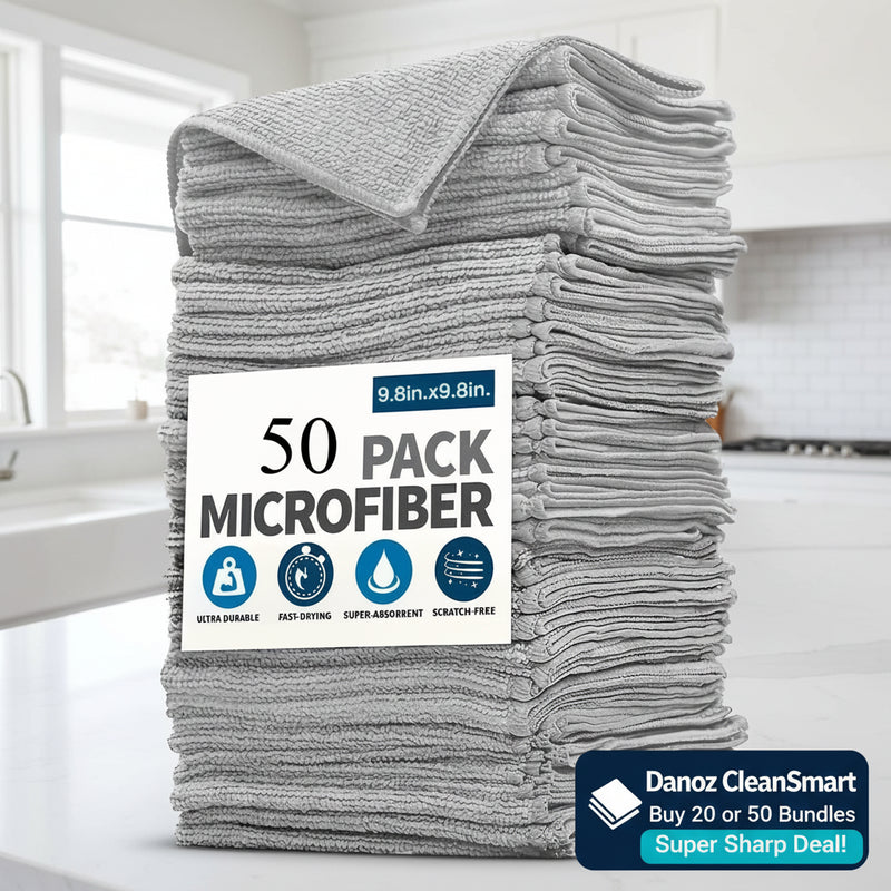 Stack of gray microfiber cloths with a 50-pack label on a white background
