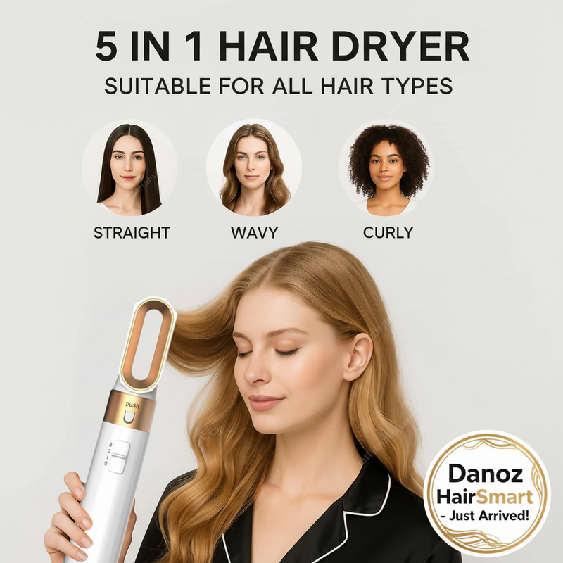 Danoz HairSmart - 5 In 1 Hair Dryer And Styler Kit With Professional Hot Air Brush Curling Iron Hair Straightener For Curling And Straightening