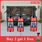 Three bottles of nano coating with a promotional offer on a red background