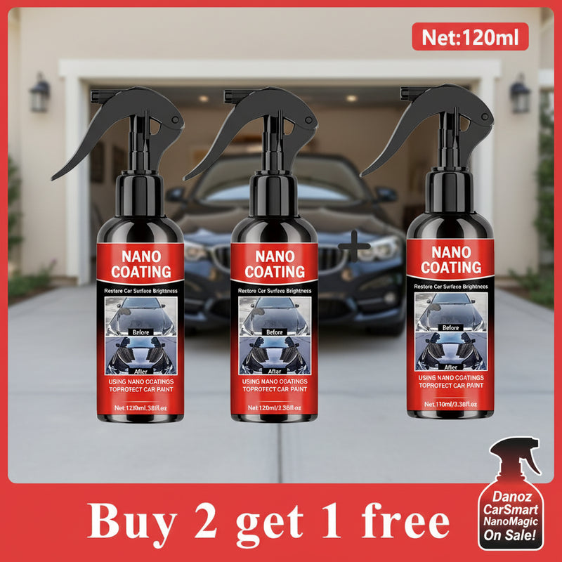 Three bottles of nano coating with a promotional offer on a red background