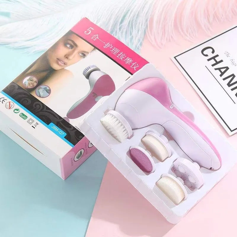 Beauty device set with attachments in a box on a pink and blue background