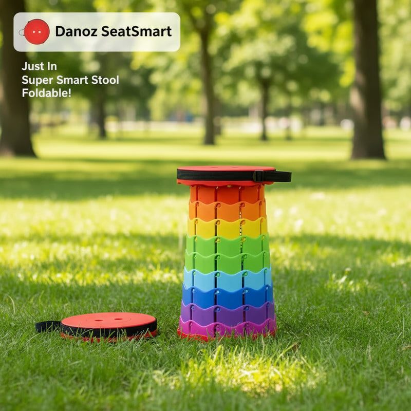 Colorful folding stool with measurement details on a white background