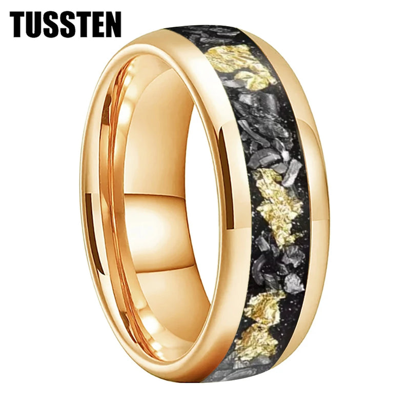 Danoz SmartRings - TUSSTEN 4/6/8MM Dome Edges Men and Women Fashion Engagement Wedding Band Meteorite Gold Foil Inlay Tungsten Carbide Rings
