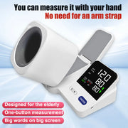 Blood pressure monitor with digital display on a light blue background