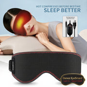 Person using a heated eye mask with text promoting better sleep, and an inset showing the control panel.