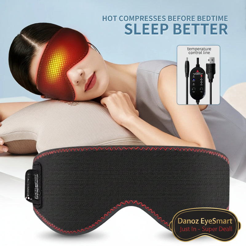 Person using a heated eye mask with text promoting better sleep, and an inset showing the control panel.