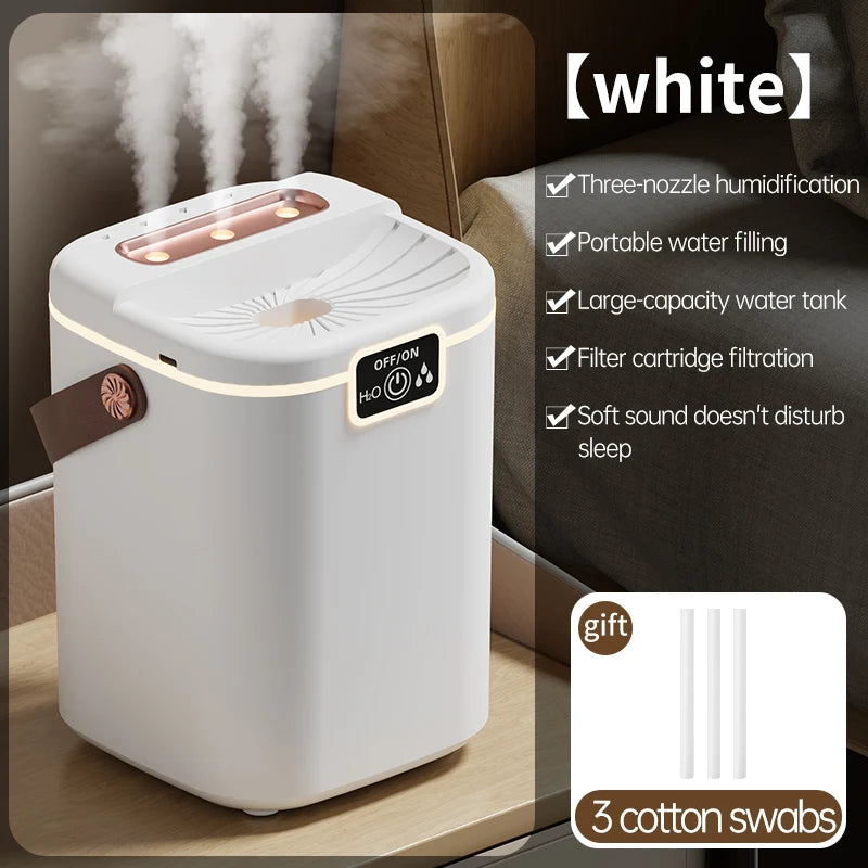 White humidifier with steam coming out, placed on a surface with a blurred background.