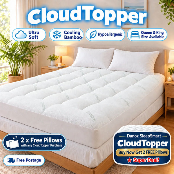 A white tufted mattress topper shown on a bed frame, with promotional text overlays including 'MATTRESS TOPPER', 'ForZlz', 'Stretchable Pockets 45CM', and marketing claims about bamboo, cooling, and overfilling.