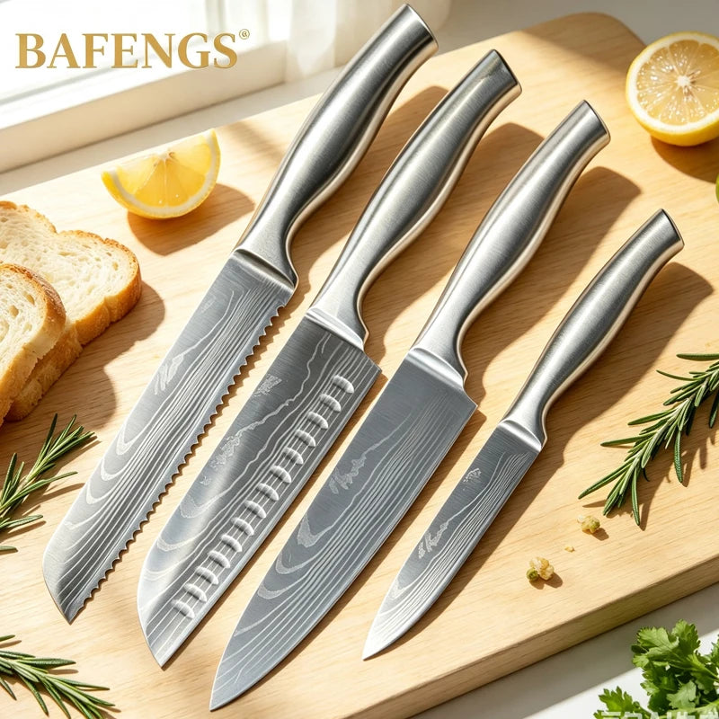 🔪 Danoz KnifeSmart | BAFENGS Professional Knife Set | Full Stainless Steel | Damascus Laser Pattern | Chef, Santoku, Bread & Utility | 2–5 Piece Options | Free Postage!