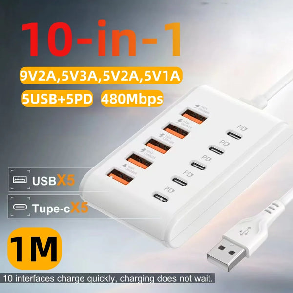 Danoz ChargeSmart - 10 Ports USB Charger 5USB+5PD Power Strip Multi Port Type C Wall Charger With 1M Cable For iPhone Samsung Xiaomi QC3.0 Adapter - Buy 1 Get 1 Free!