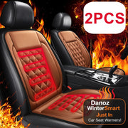 Two brown car seat covers with red heating elements on a fiery background, labeled '2PCS'.