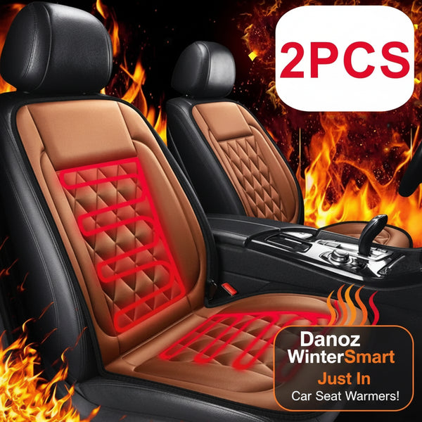 Two brown car seat covers with red heating elements on a fiery background, labeled '2PCS'.