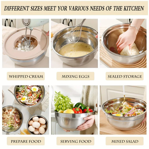 A collage showing a stainless steel mixing bowl with a beige lid in six kitchen-use scenarios: whipped cream, mixing eggs, sealed storage, prepare food, serving food, and mixed salad. Text at the top reads 'DIFFERENT SIZES MEET YOR VARIOUS NEEDS OF THE KITCHEN'.