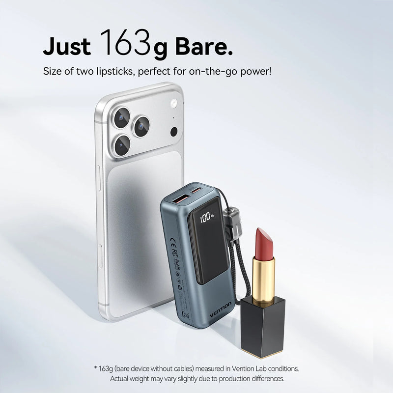 Danoz PowerSmart - Vention 10000mAh Mini Power Bank 22.5w Portable Charger Built-in USB C Cable PD 3.0 Fast Charging for iPhone 17 Samsung S25 S24 and others
