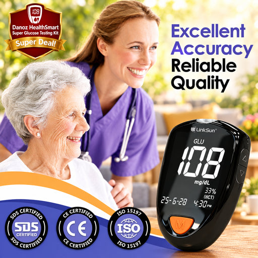 Glucose meter with a nurse and elderly patient, emphasizing accuracy and reliability.