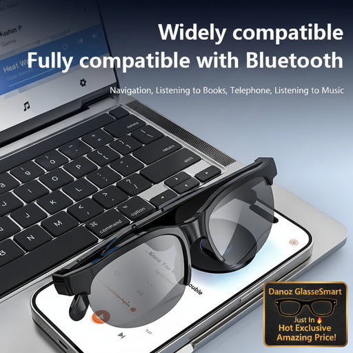 Smart glasses on a smartphone with a laptop in the background, emphasizing Bluetooth compatibility.