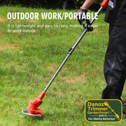Person using a grass trimmer on grass with text about its portability and ease of use.
