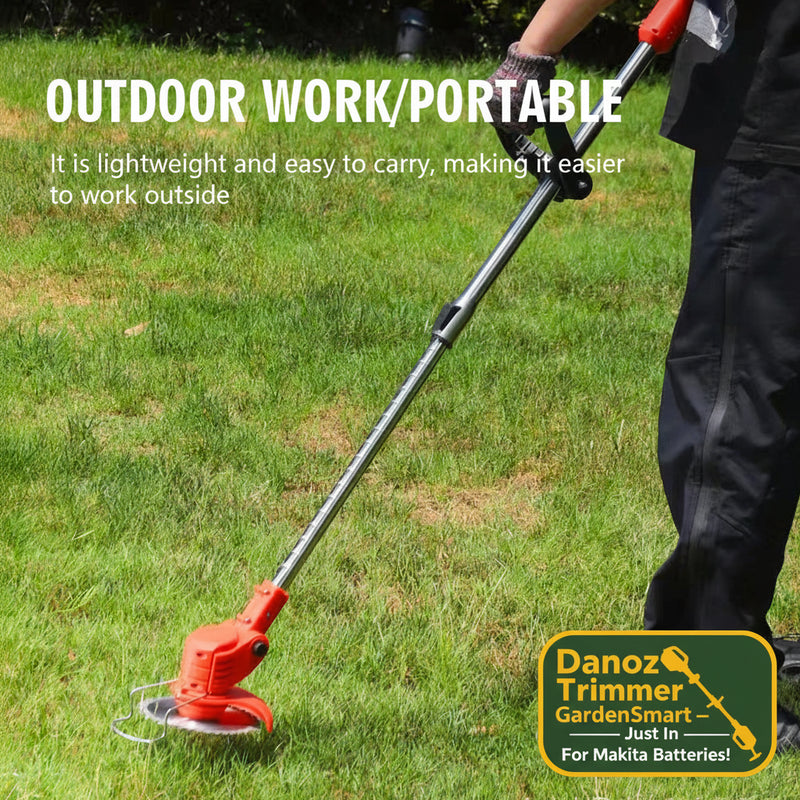 Person using a grass trimmer on grass with text about its portability and ease of use.