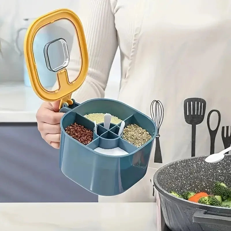 🌶️ Danoz SpiceSmart | 4-in-1 Large Capacity Seasoning Box | Lid & 4 Spoons | Kitchen Spice Container | Yellow & Blue-Green | Buy 1 Get 1 More! | Free Postage!