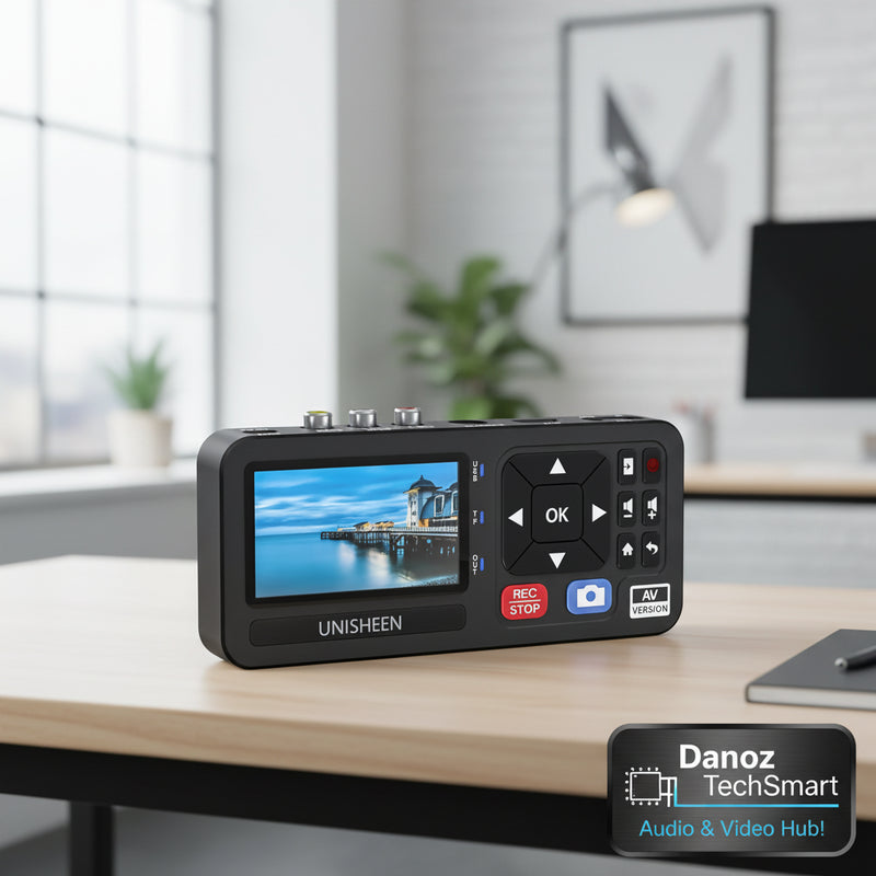 Black UNISHEEN video recorder with display screen on a white background