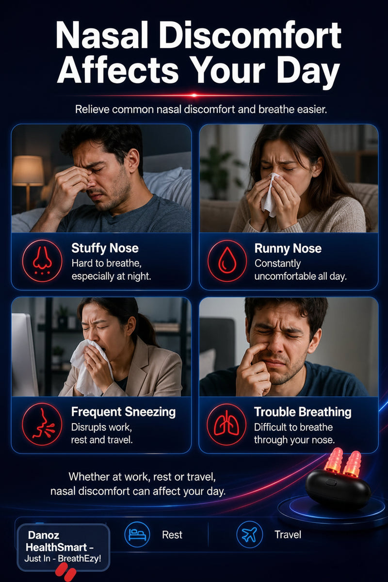 Promotional graphic for a nasal comfort device, featuring four panels showing people suffering from stuffy nose, runny nose, frequent sneezing, and trouble breathing. The top text reads 'Nasal Discomfort Affects Your Day' and the bottom shows the device on a glowing stand.
