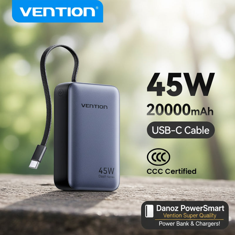 Vention 45W 20000mAh USB-C power bank with a black braided cable, shown on a light gray background with product specifications and certification logos.