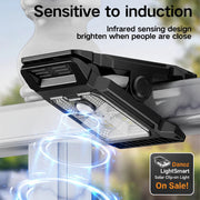 outdoor light fixture with induction sensing technology, showing bright light when people are close.