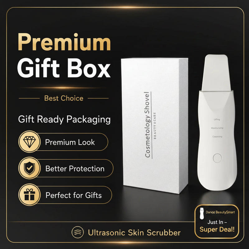 Promotional graphic for a premium gift box featuring an ultrasonic skin scrubber and its white packaging box on a black background with gold text and icons.