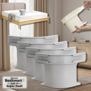 Set of gray plastic containers with a bed and person holding a container in the background
