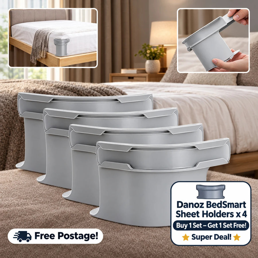 Set of gray plastic containers with a bed and person holding a container in the background