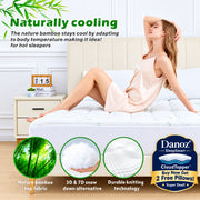 A woman reclines on a white bed wearing a light beige slip dress, with promotional text and three circular inset graphics highlighting bamboo fabric, soft snow-like texture, and durable knit technology.