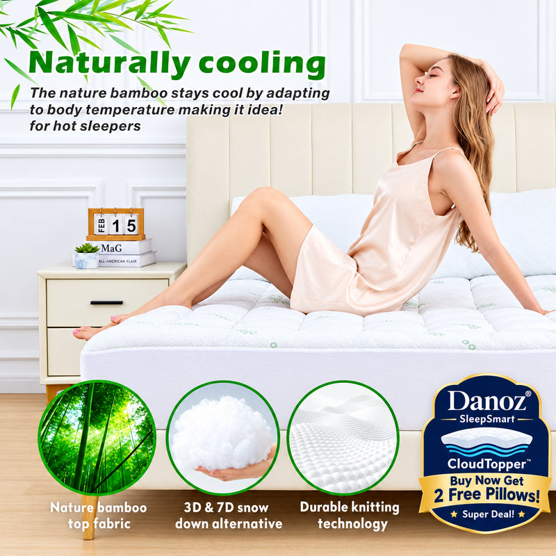 A woman reclines on a white bed wearing a light beige slip dress, with promotional text and three circular inset graphics highlighting bamboo fabric, soft snow-like texture, and durable knit technology.