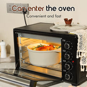 Black oven with a pot of food inside, featuring text about convenience and speed.