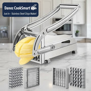Metallic potato ricer with a stack of sliced potatoes and three interchangeable nozzles on a white background