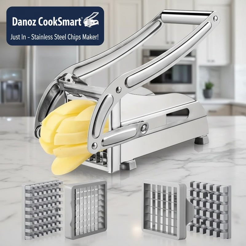 Metallic potato ricer with a stack of sliced potatoes and three interchangeable nozzles on a white background