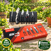 Gardening tool set with SK-5 TOP box on a table outdoors