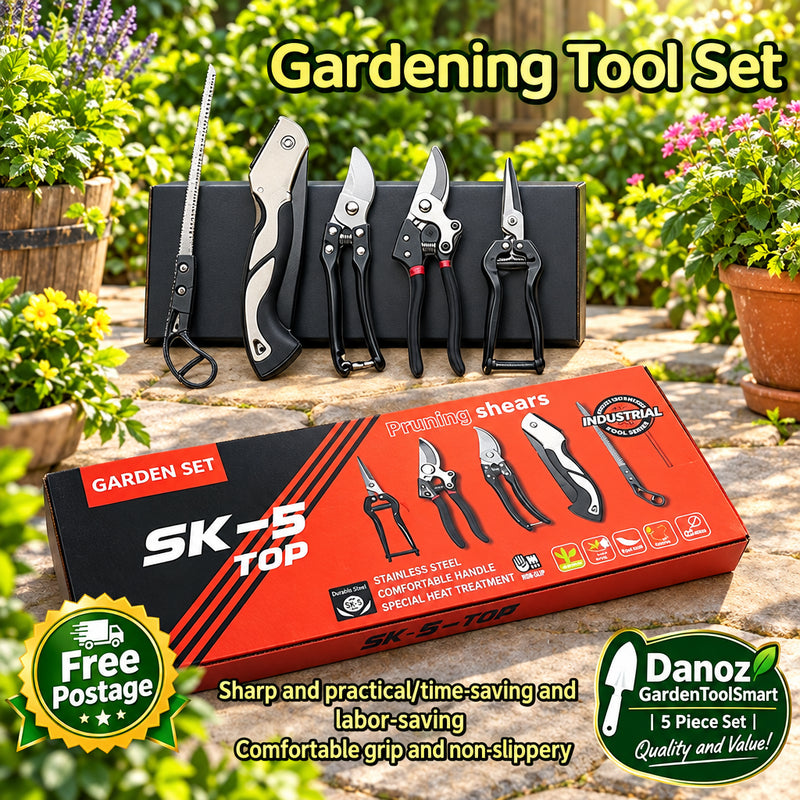 Gardening tool set with SK-5 TOP box on a table outdoors