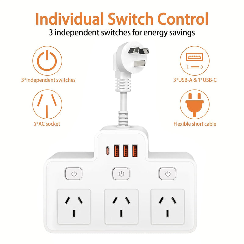 Danoz PowerSmart - Power Strip AU Multitap Wall Mounted Independent Switch Power Socket With USB C Charging Ports Network Filter Adapter - Buy 1 Get 1 Free!