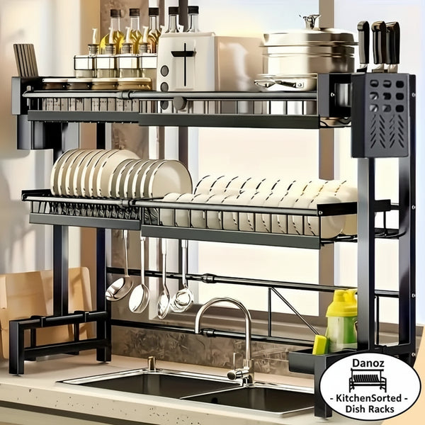 Danoz KitchenSorted - Adjustable black metal kitchen or laundry, rack for over the sink - 1 or2-layer expandable dishwasher rack with cutlery rack. Free Postage