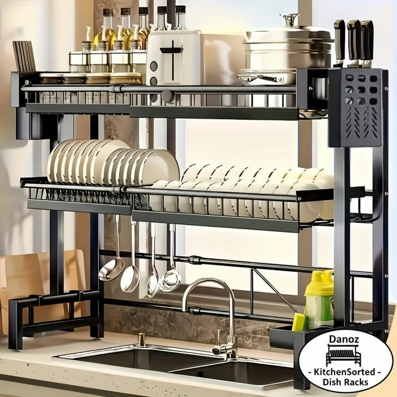 Danoz KitchenSorted - Adjustable black metal kitchen or laundry, rack for over the sink - 1 or2-layer expandable dishwasher rack with cutlery rack. Free Postage