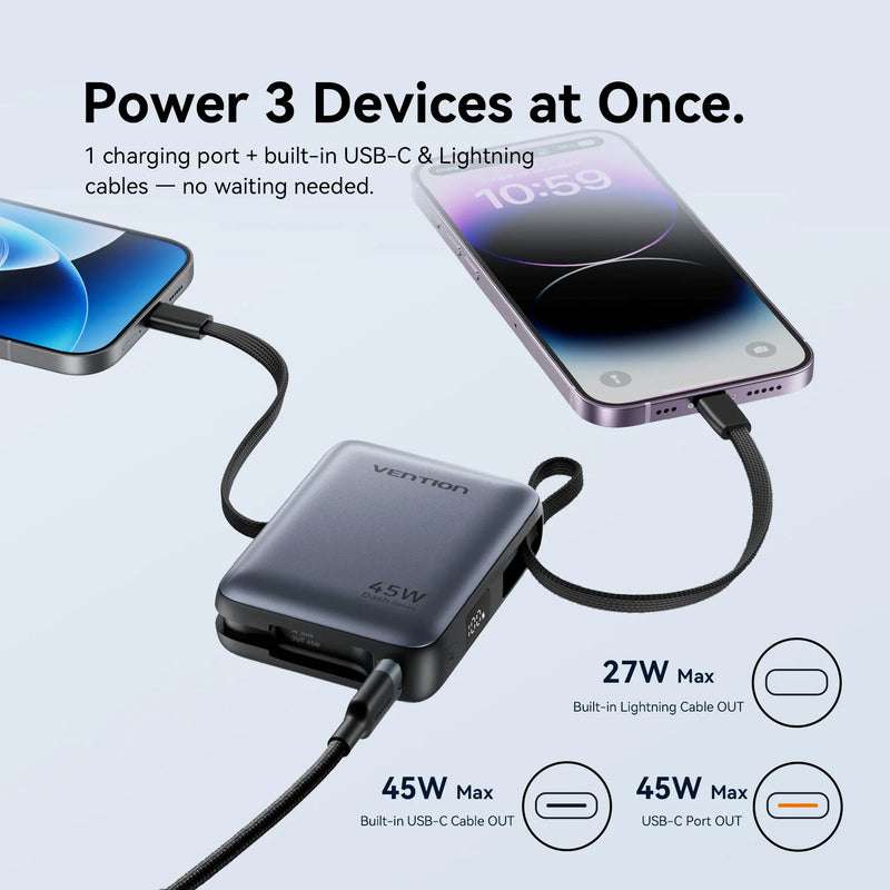 ⚡ Danoz PowerSmart | Vention 45W Power Bank | 10000mAh | Built-in USB-C & Lightning Cables | Digital Display | iPhone 17 & Samsung S26 | Gray & Beige